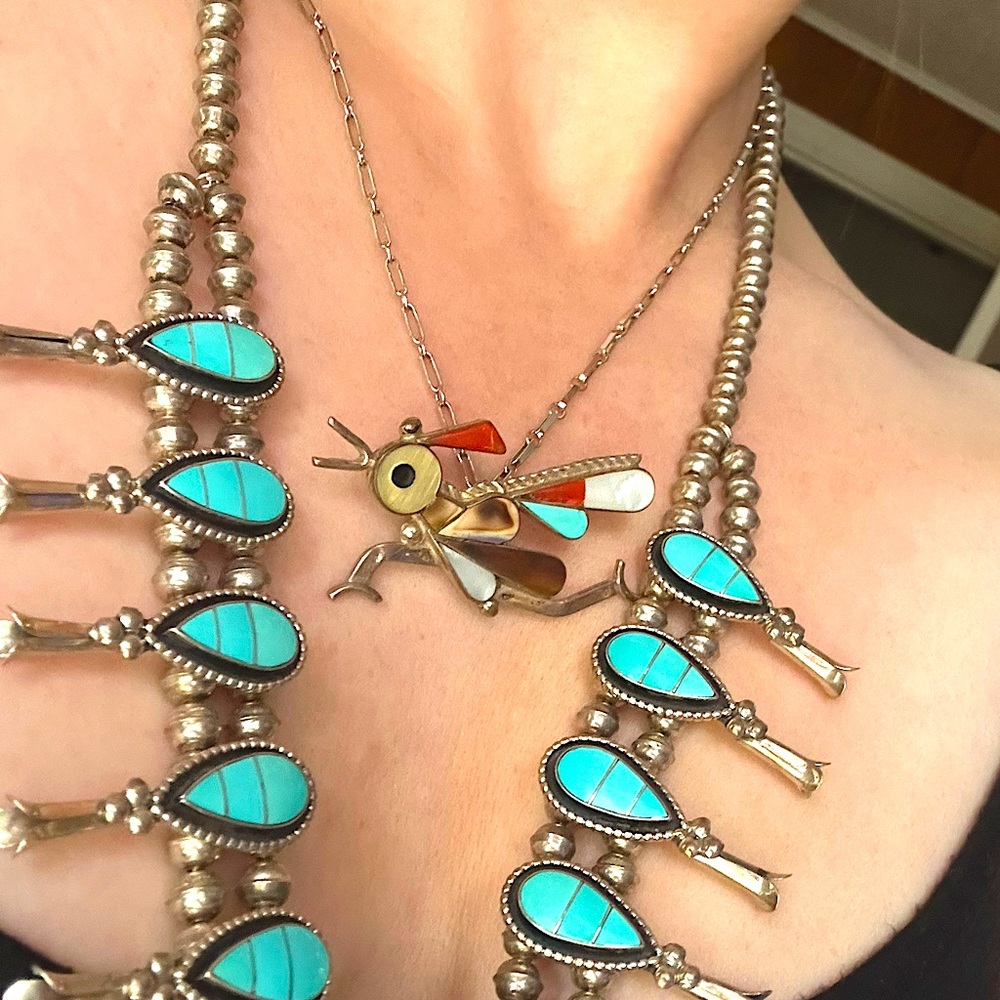 Zuni Artist signed roadrunner pendant brooch sterling turquoise
